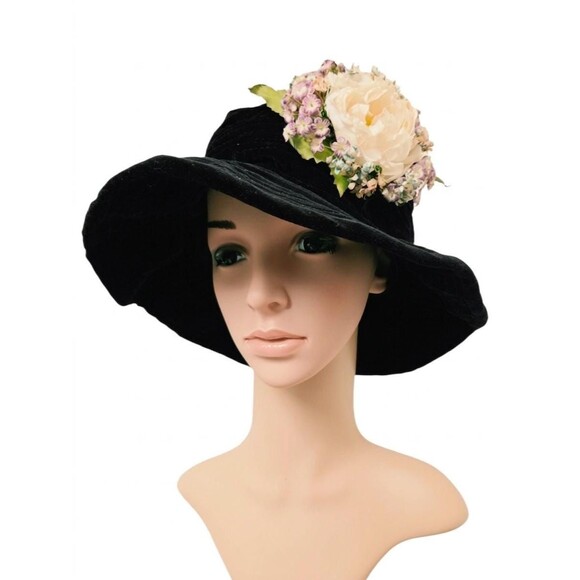 Vintage Importa Black Velvet Flower Wide Brim Hat, Cotton main image 7